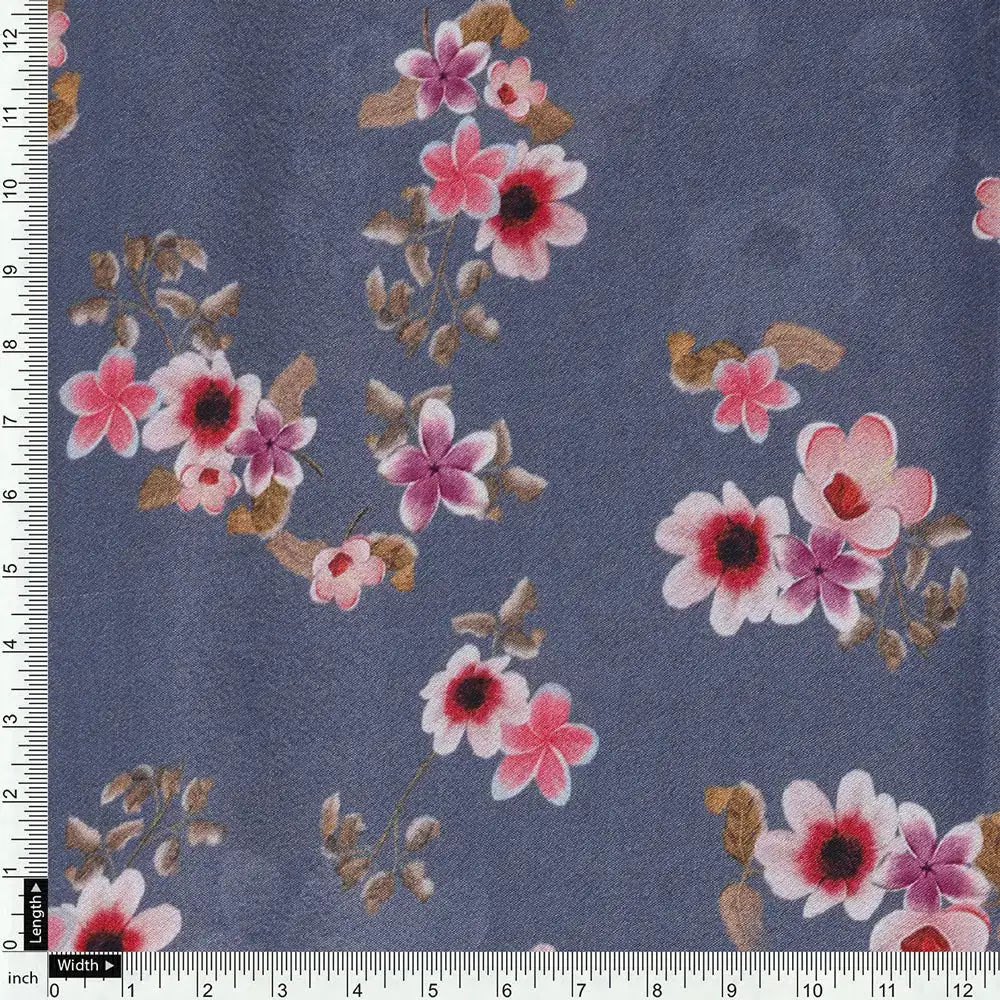 Pinkish Flowers With Neavy Blue Digital Printed Fabric - Japan Satin - Image 4