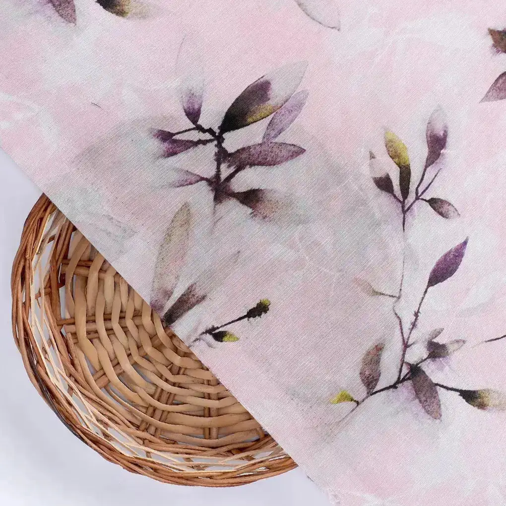 Pinkish Thin And Light Leaves Digital Printed Fabric - Muslin - Image 2