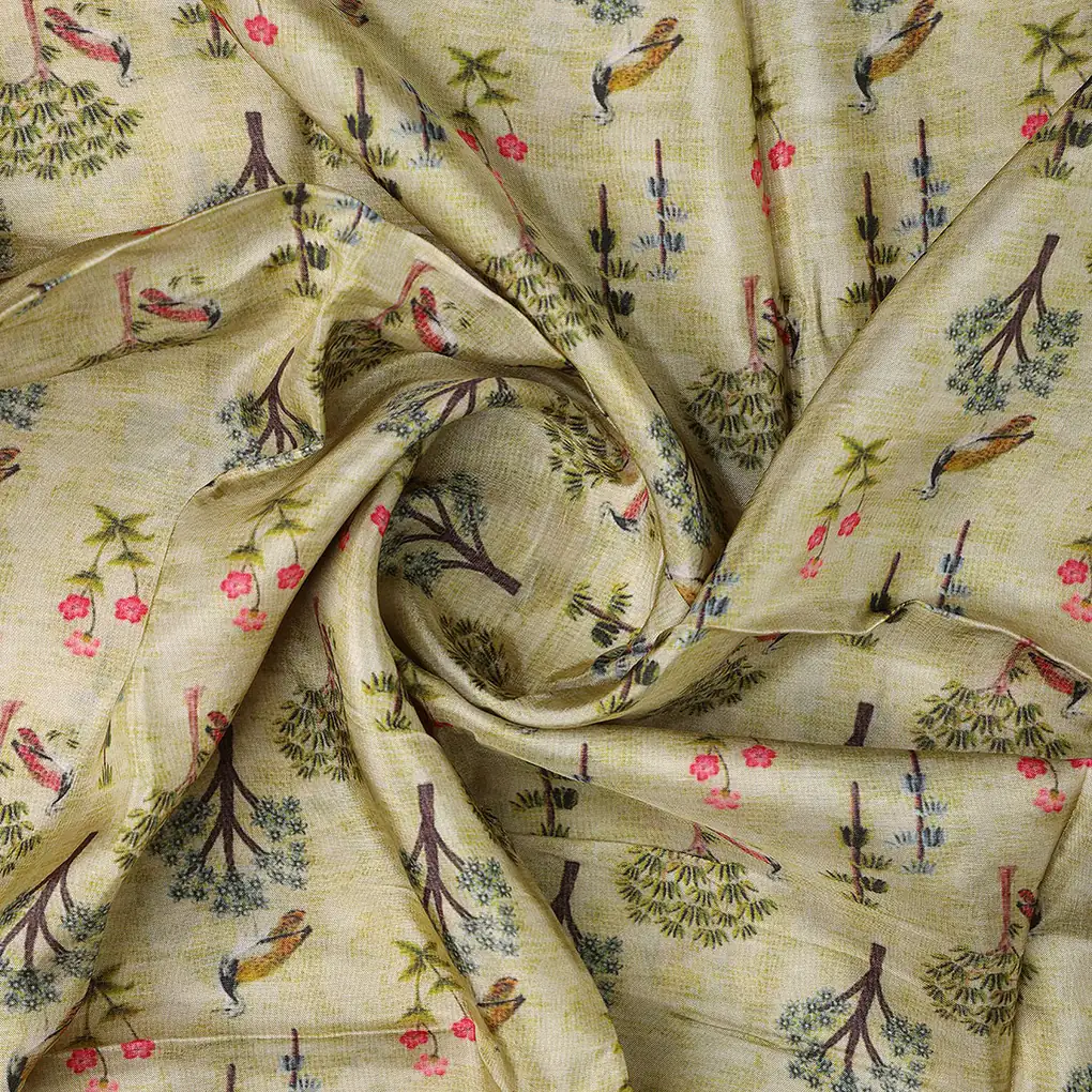 Pista Chinoiserie With Birds Digital Printed Fabric - Upada Silk - Image 2