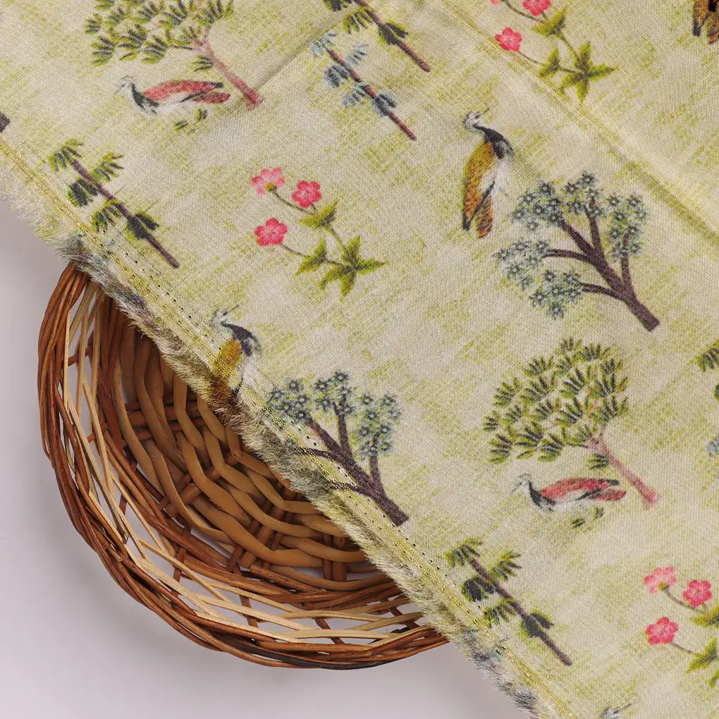 Pista Chinoiserie With Birds Digital Printed Fabric - Upada Silk - Image 3