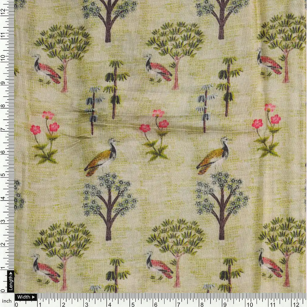 Pista Chinoiserie With Birds Digital Printed Fabric - Upada Silk - Image 4