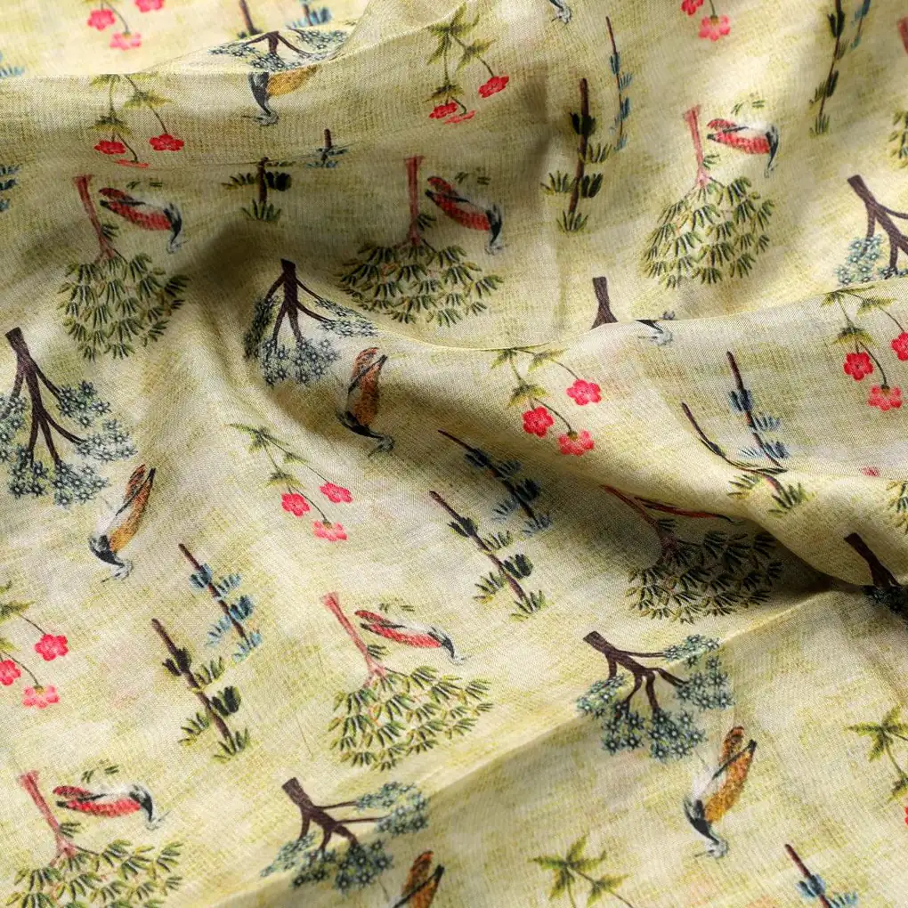 Pista Chinoiserie With Birds Digital Printed Fabric - Pure Muslin - Image 3