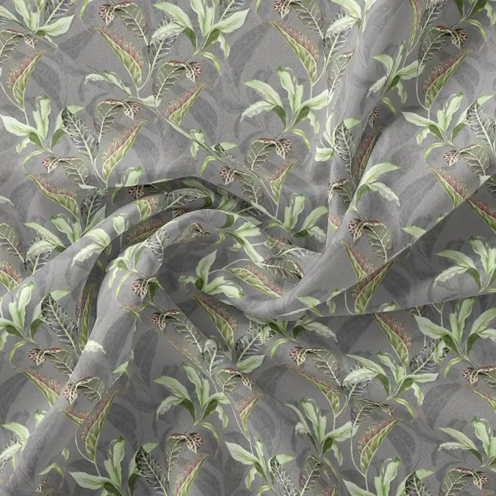 Pista Flower On Grey Digital Printed Fabric  - Japan Satin - Image 3