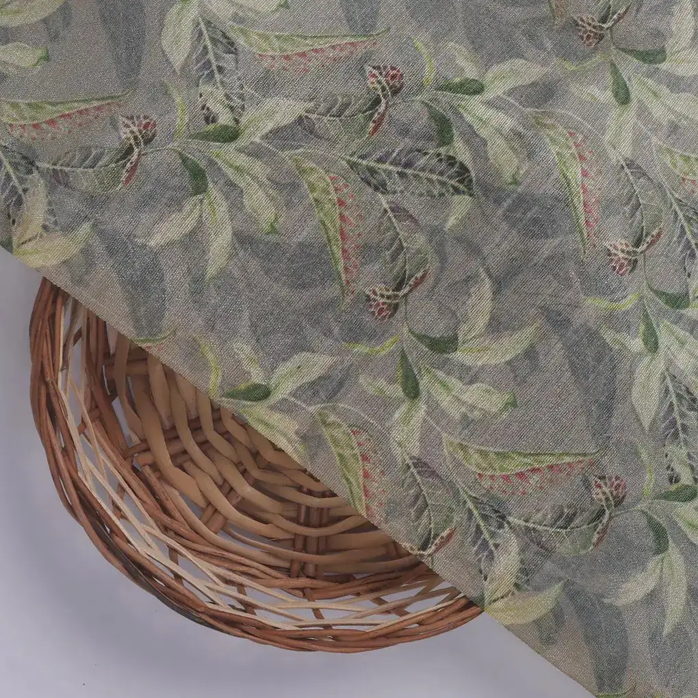 Pista Flower On Grey Digital Printed Fabric  - Tusser Silk - Image 2