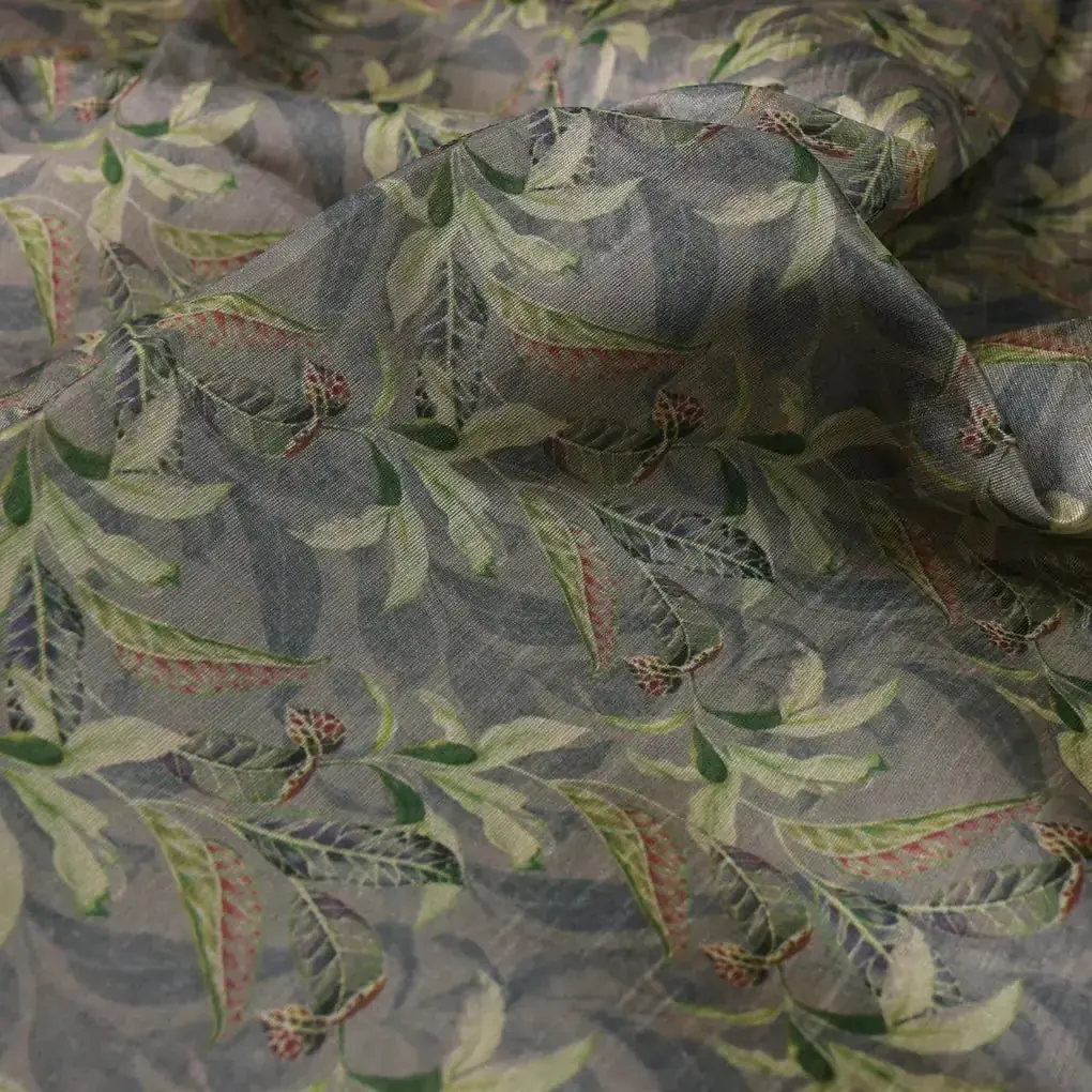 Pista Flower On Grey Digital Printed Fabric  - Tusser Silk - Image 3