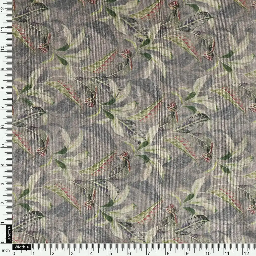 Pista Flower On Grey Digital Printed Fabric  - Tusser Silk - Image 4