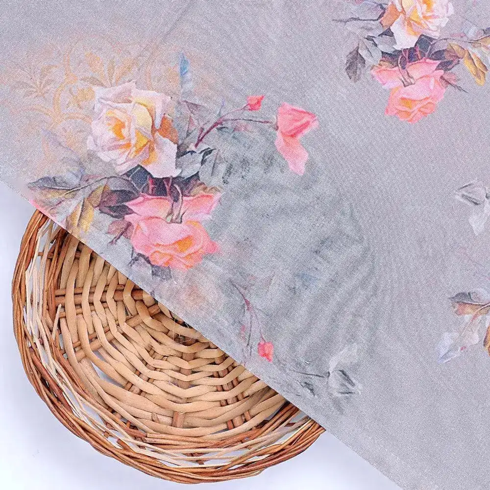 Pixel Floral Laying Over Grey Digital Printed Fabric - Image 2