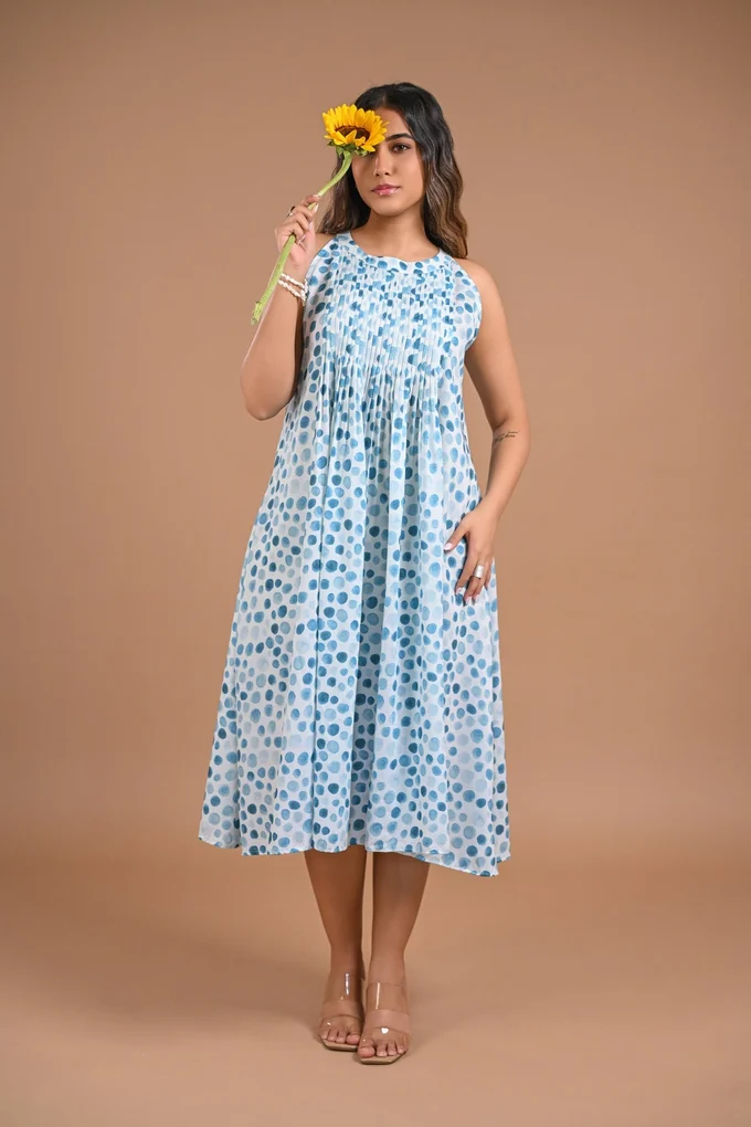 Pleated Blue Dot Midi Dress - Image 2