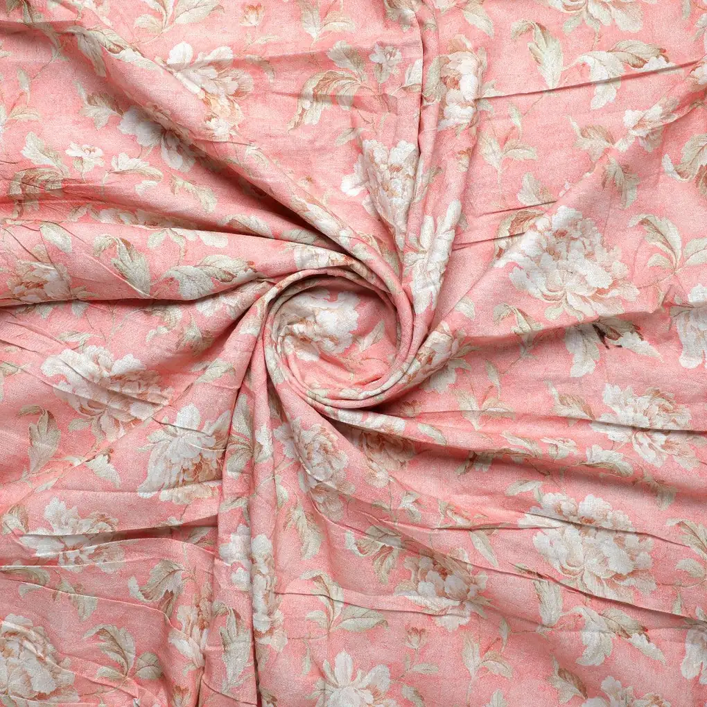 Pure Cotton Digital Printed Fabric - Peach Color & Floral Design - Image 3