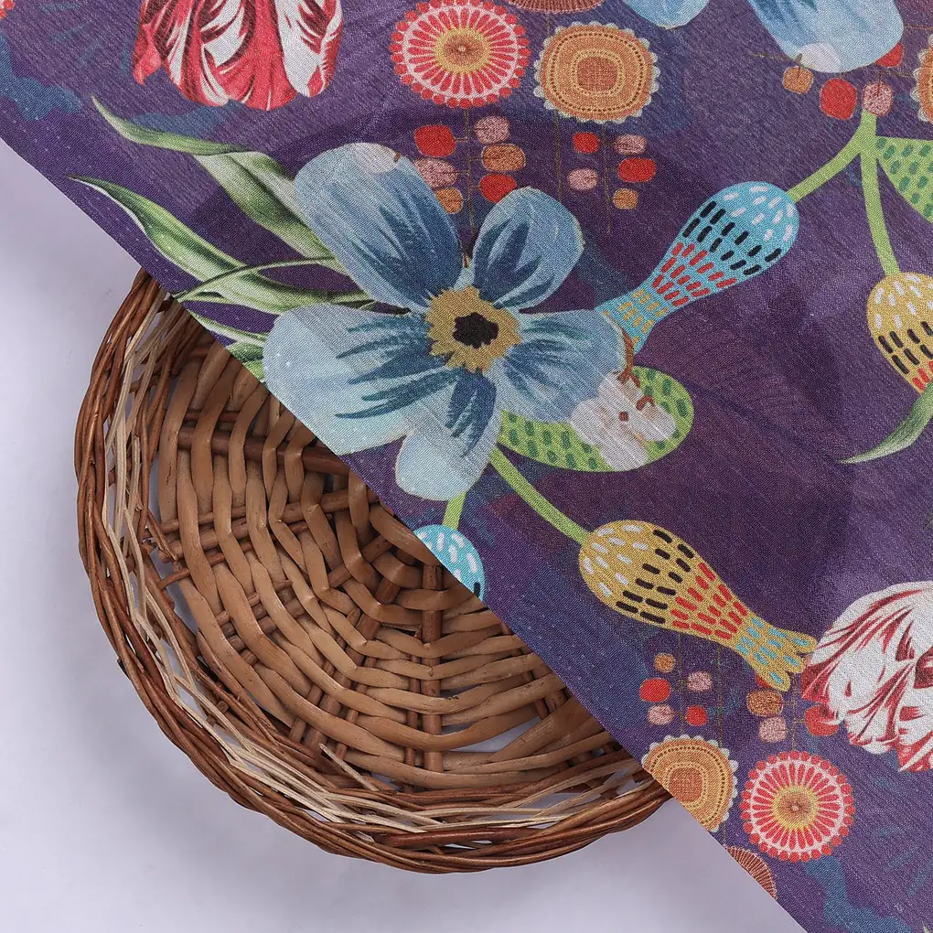 Purple Bohemian Floral Printed Sheen Chinon Fabric - Image 2