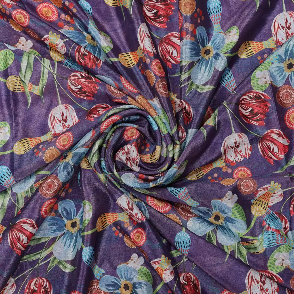 Purple Bohemian Floral Printed Sheen Chinon Fabric - Image 3