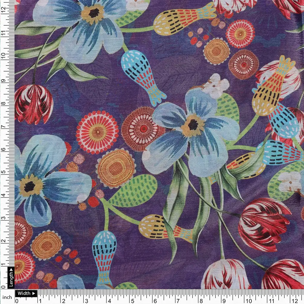 Purple Bohemian Floral Printed Sheen Chinon Fabric - Image 4