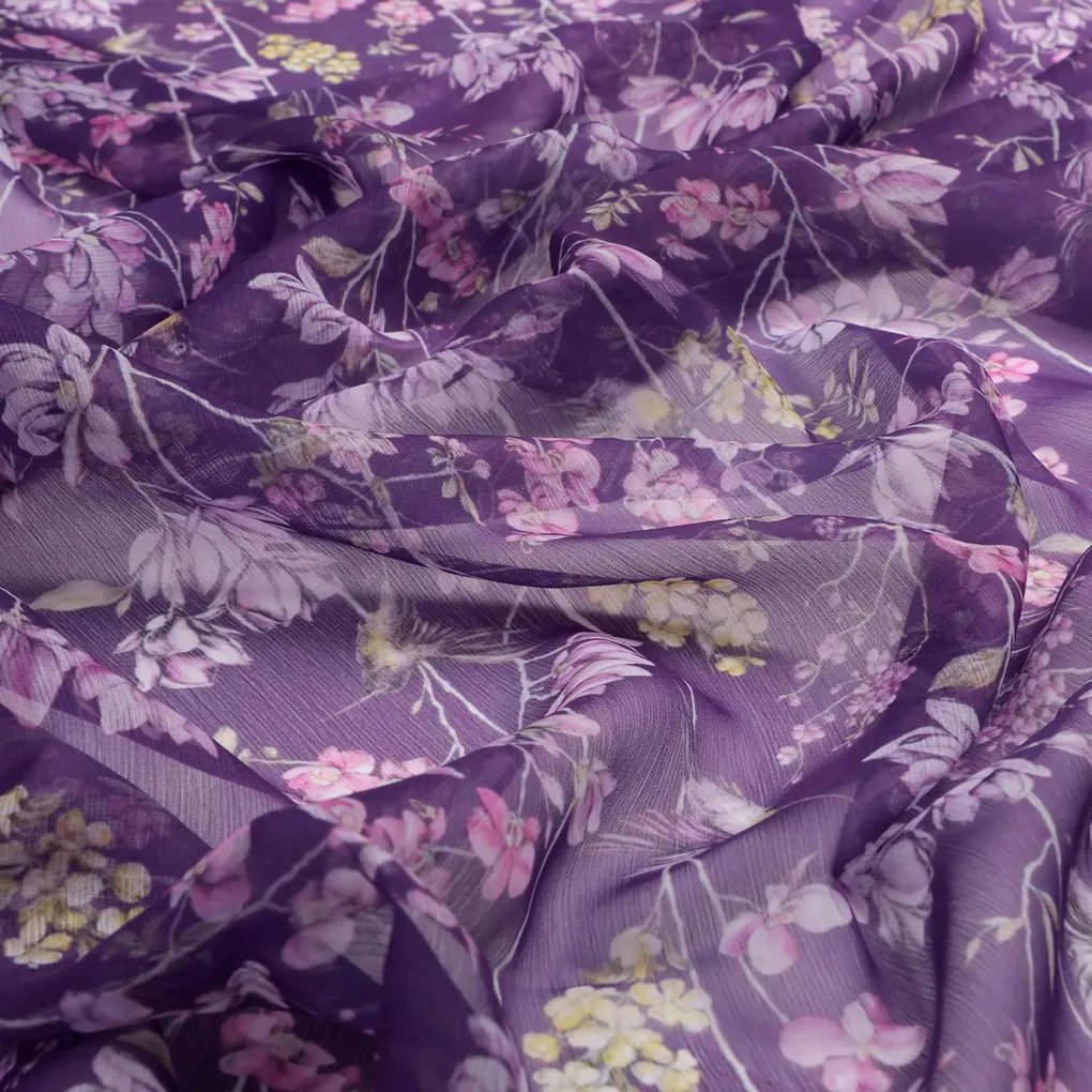 FAB VOGUE Studio Purple Floral Chiffon Fabric - Digital Printed Polyester - Image 3