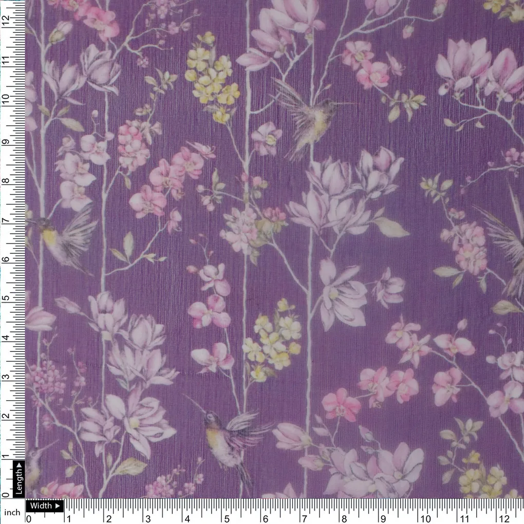 FAB VOGUE Studio Purple Floral Chiffon Fabric - Digital Printed Polyester - Image 4