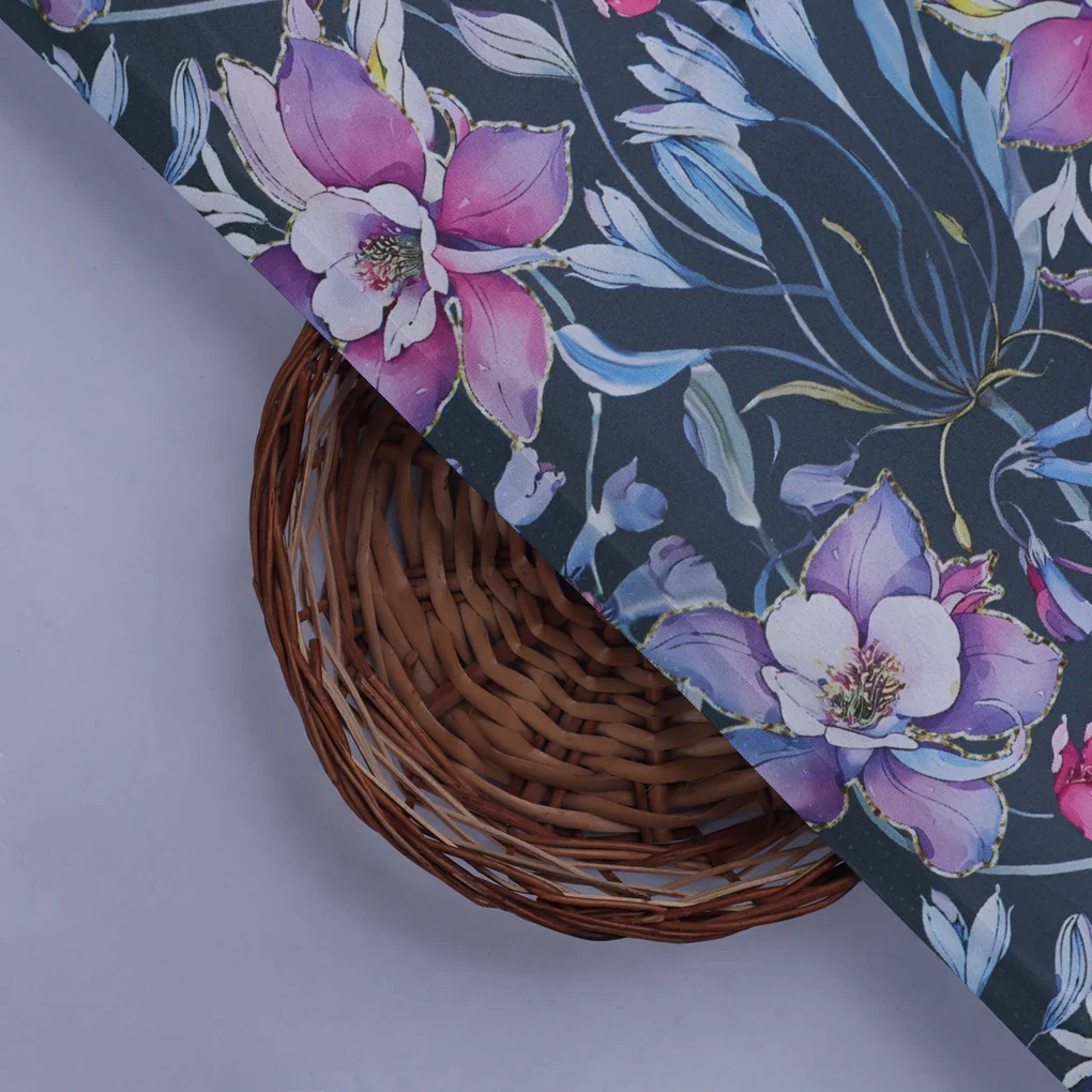 Purple Floral Printed Satin Fabric - Image 2
