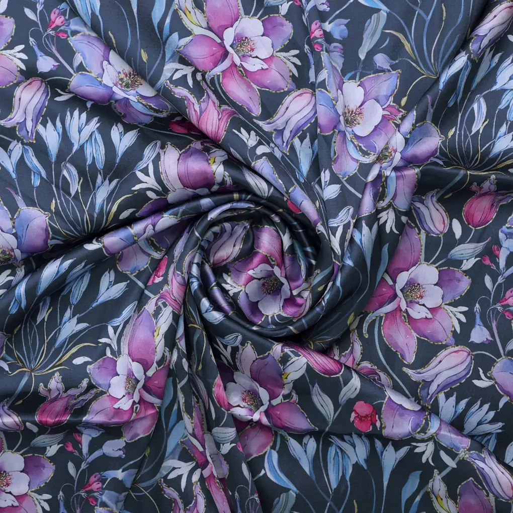 Purple Floral Printed Satin Fabric - Image 3