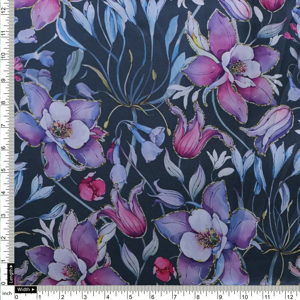 Purple Floral Printed Satin Fabric - Image 4