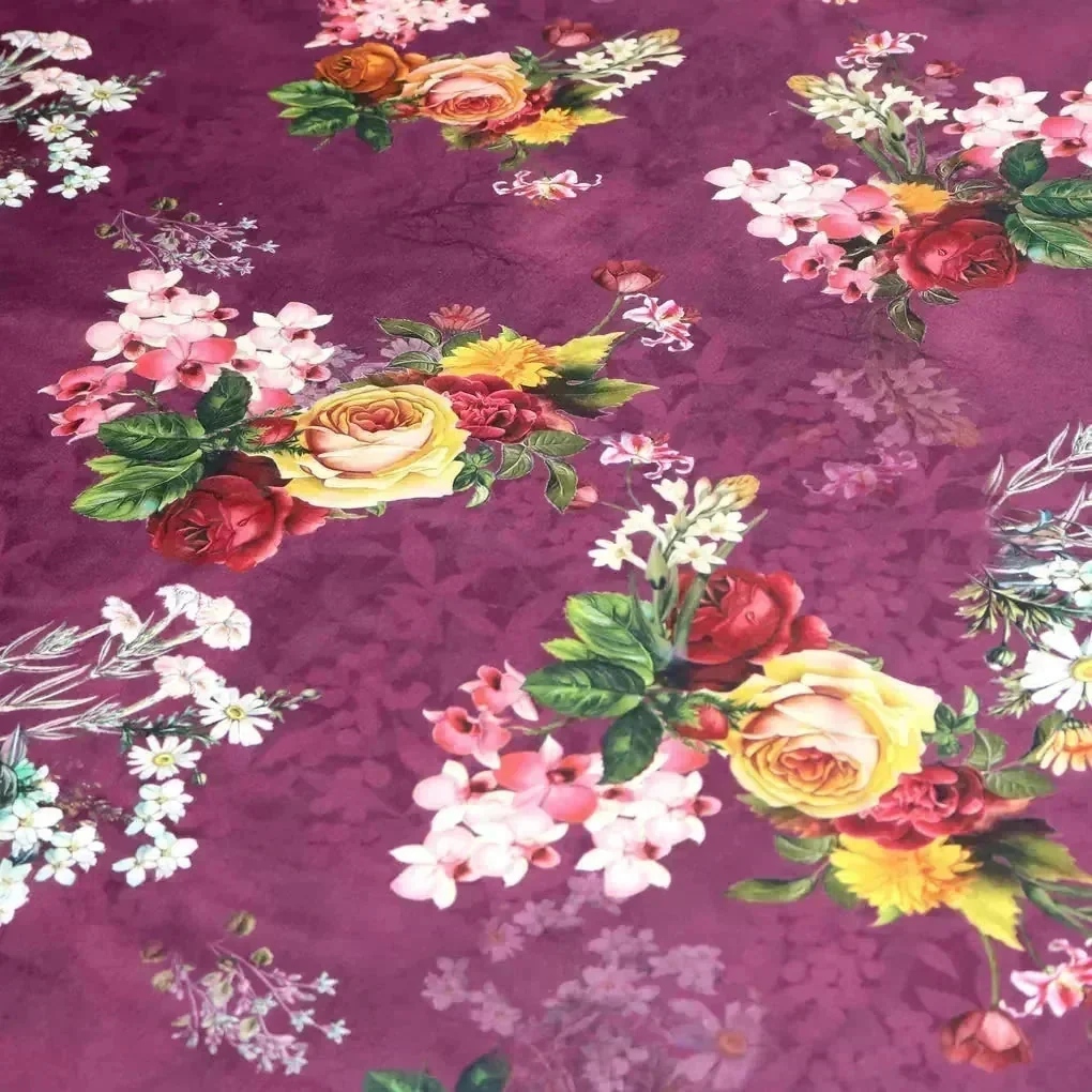 Purple Flower Digital Printed Kora Silk Fabric - Image 3