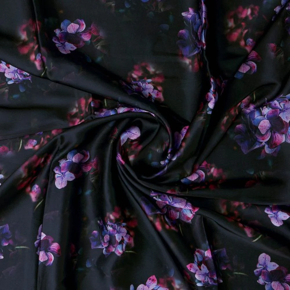 Purple Hydrangea Floral Print Japan Satin Fabric - Image 2