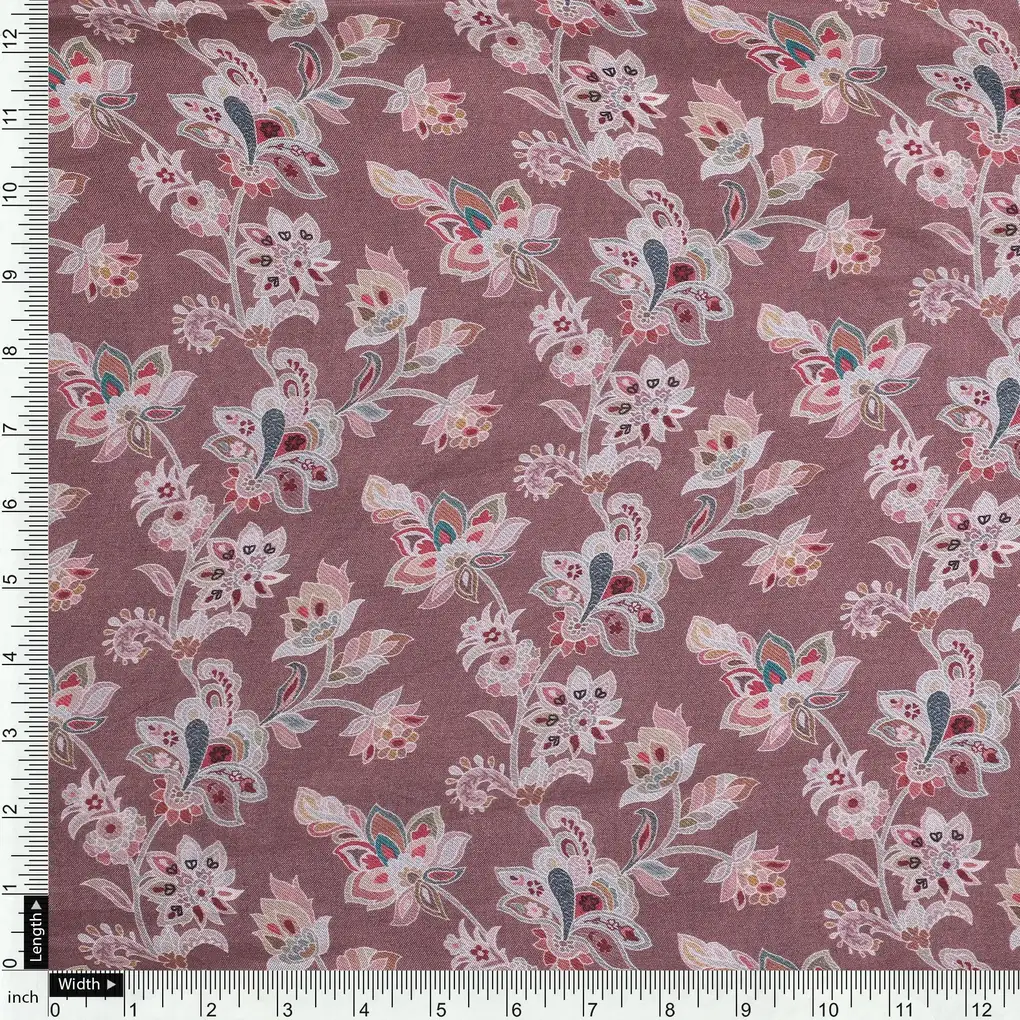 Brown Jacobean Pure Muslin Printed Fabric Material - Image 4