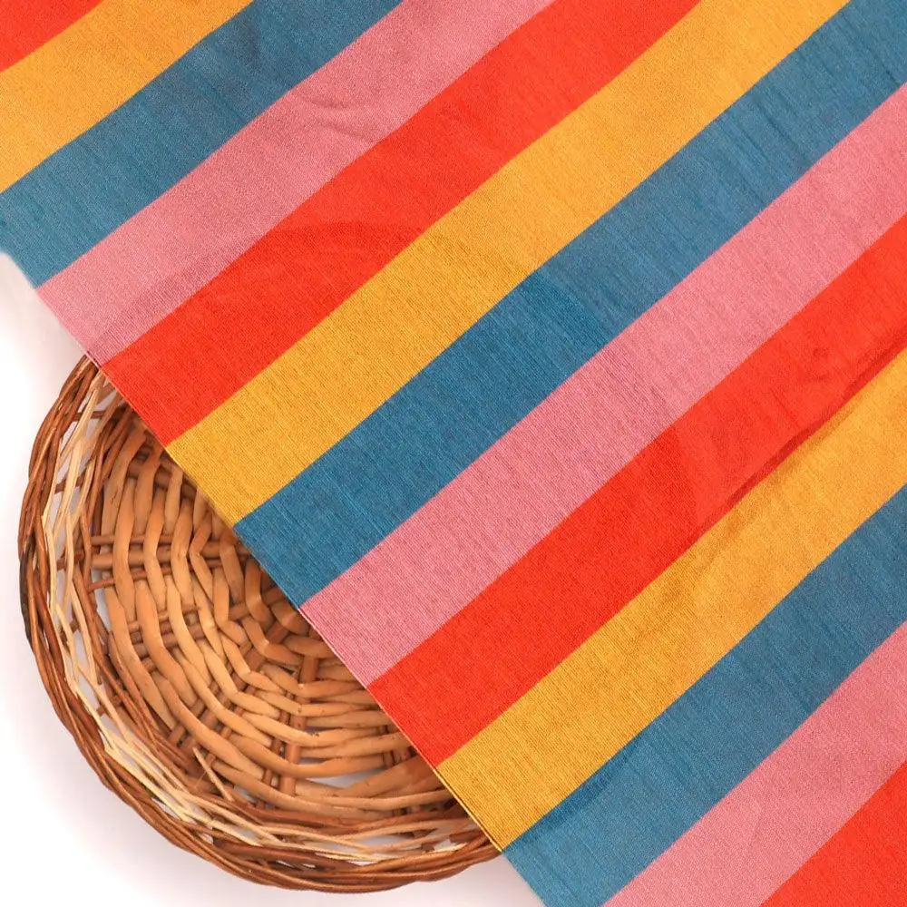 Rainbow Colourful Breton Stripes Digital Printed Fabric - Tusser Silk - Image 2