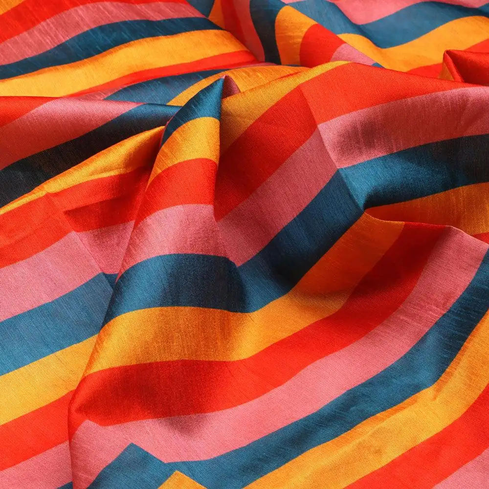 Rainbow Colourful Breton Stripes Digital Printed Fabric - Tusser Silk - Image 3