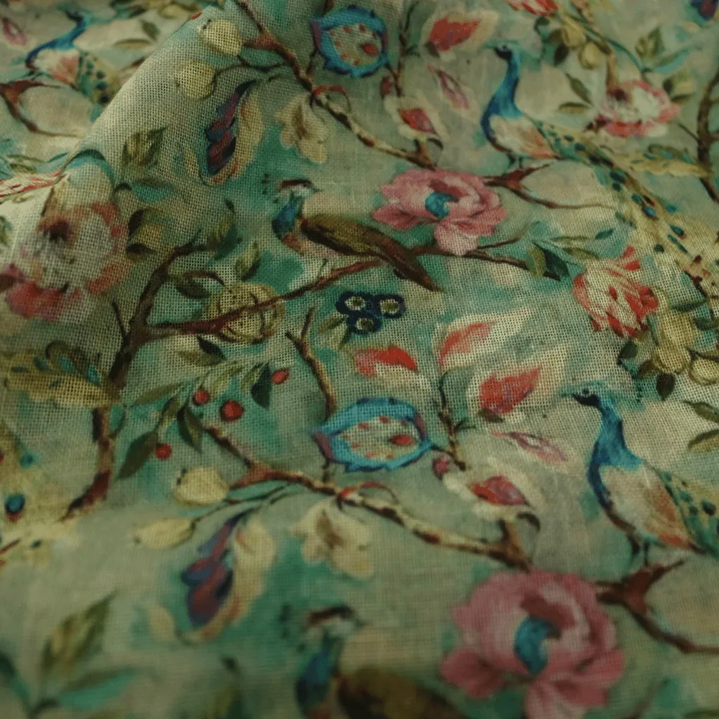 Rainbow Peacock With Autumnal Leaves Digital Printed Fabric - Linen - Image 2