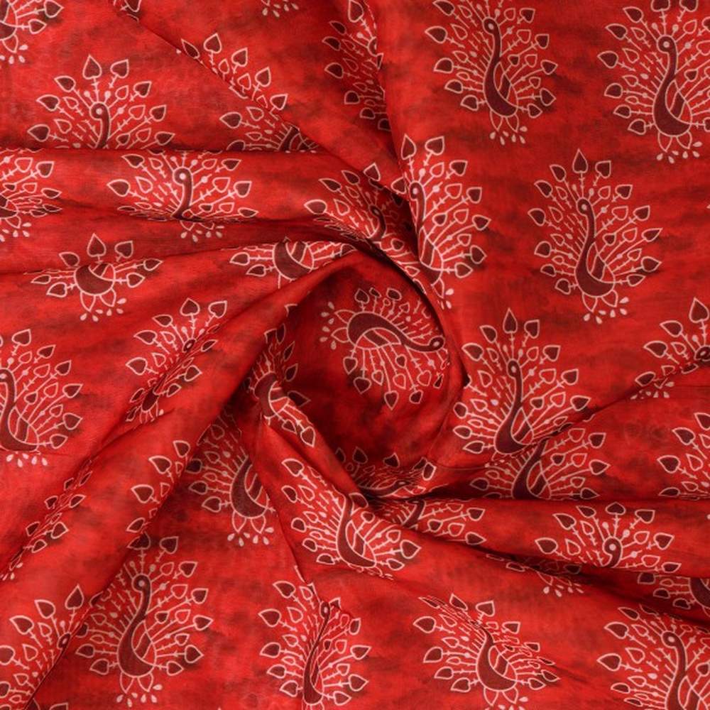 Red and Maroon Stylised Peacock Motif Chanderi Fabric - Image 3
