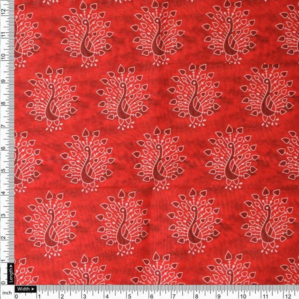 Red and Maroon Stylised Peacock Motif Chanderi Fabric - Image 4