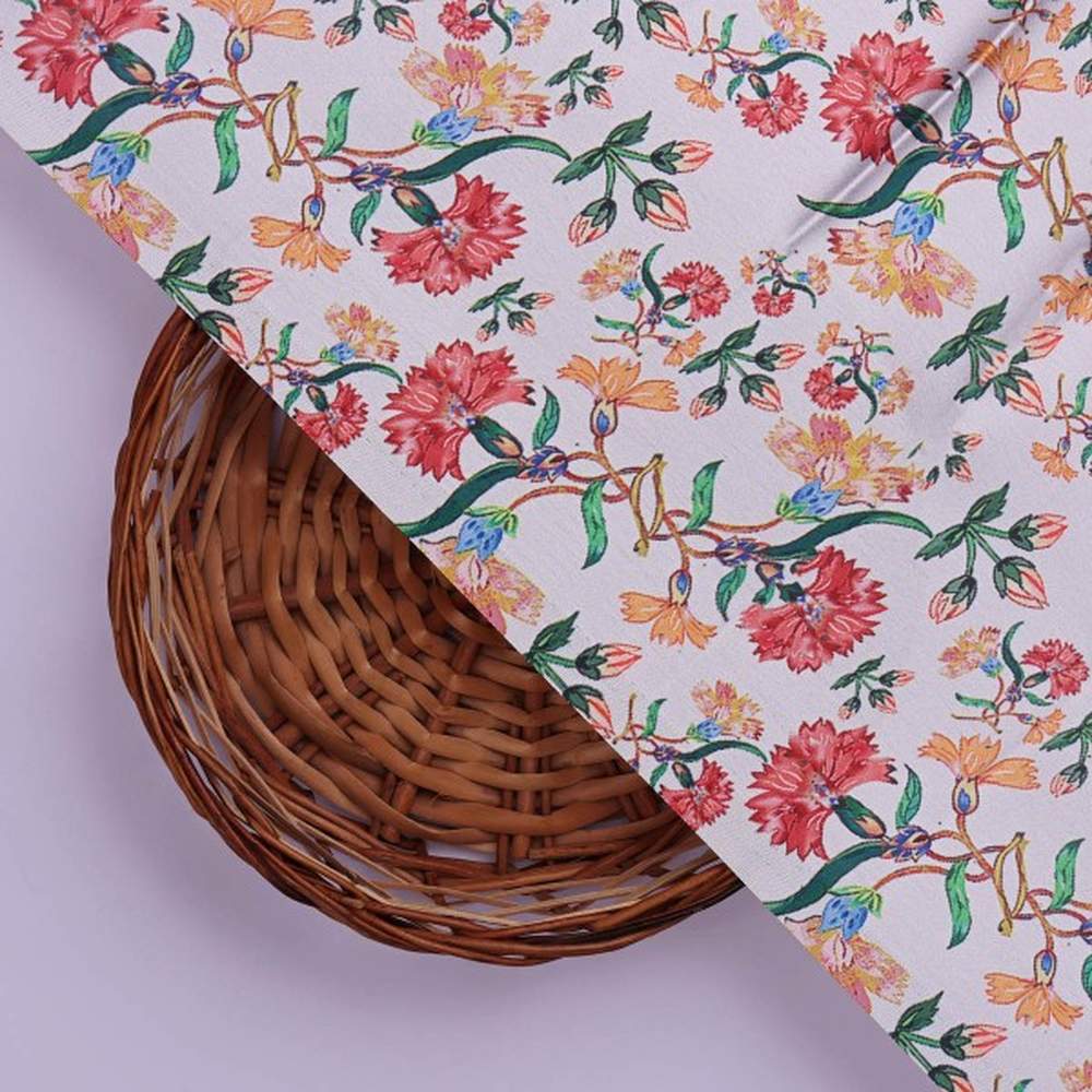 Red and Orange Carnation Floral Print Japan Satin Fabric - Image 3