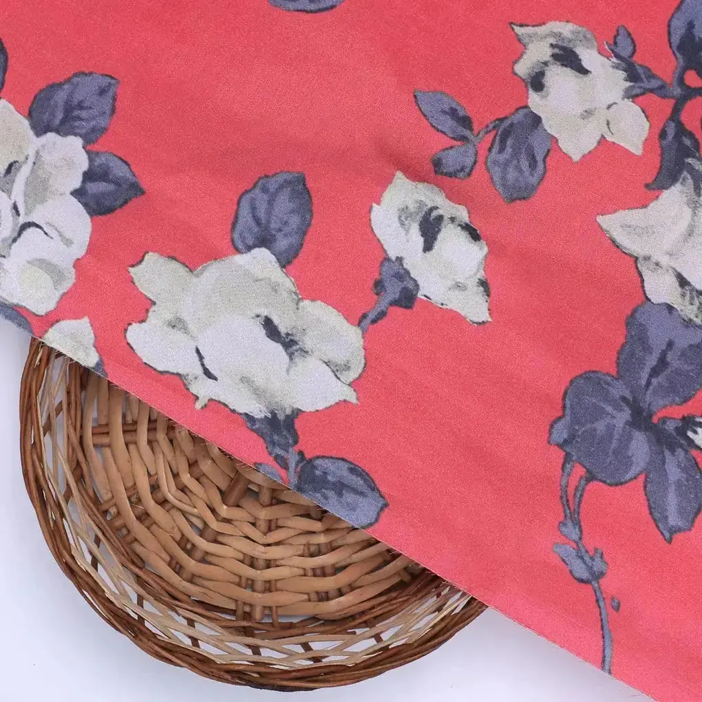 Red And White Flower Digital Printed Fabric - Japan Satin - Image 2