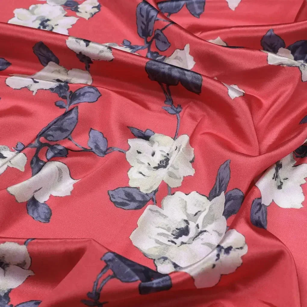 Red And White Flower Digital Printed Fabric - Japan Satin - Image 3