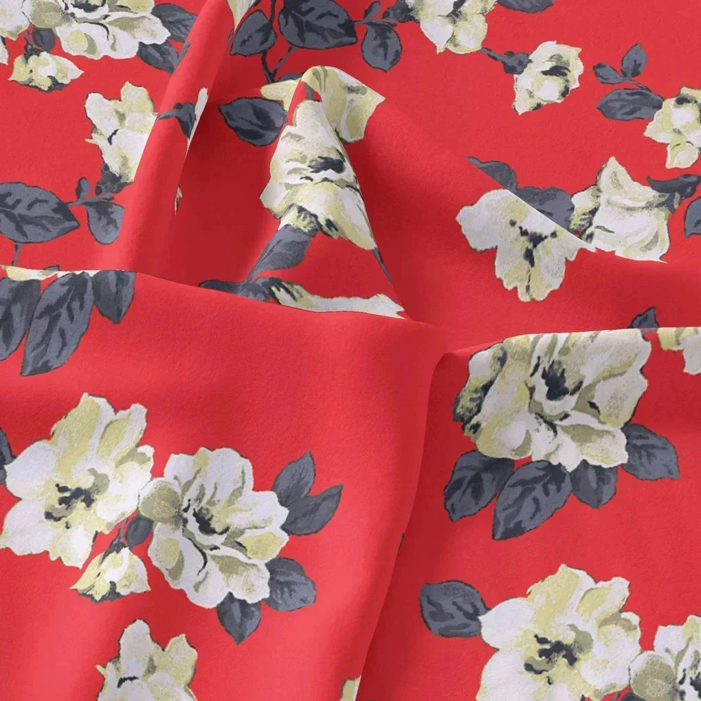 Red And White Flower Digital Printed Fabric - Kora Silk - Image 3