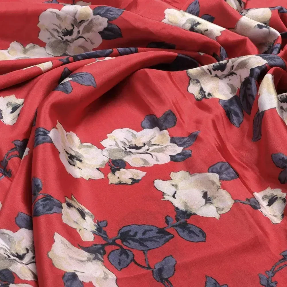 Red And White Flower Digital Printed Fabric - Crepe - Image 3
