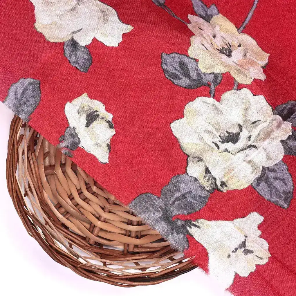 Red And White Flower Digital Printed Fabric - Upada Silk - Image 2
