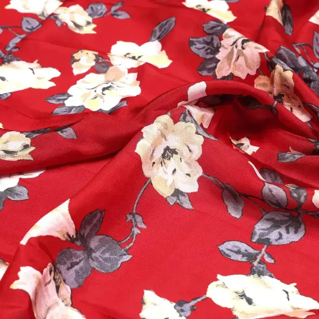 Red And White Flower Digital Printed Fabric - Upada Silk - Image 3
