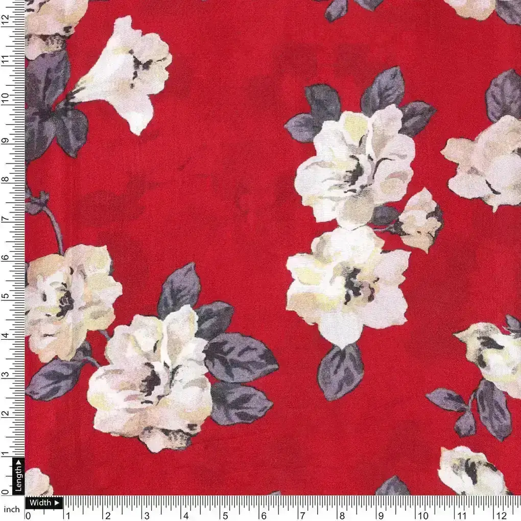 Red And White Flower Digital Printed Fabric - Upada Silk - Image 4