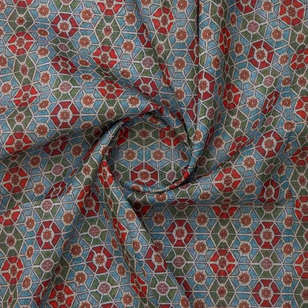 Red & Blue Geometric Mosaic Print Chanderi Fabric - Image 3