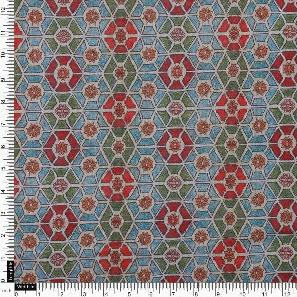Red & Blue Geometric Mosaic Print Chanderi Fabric - Image 4