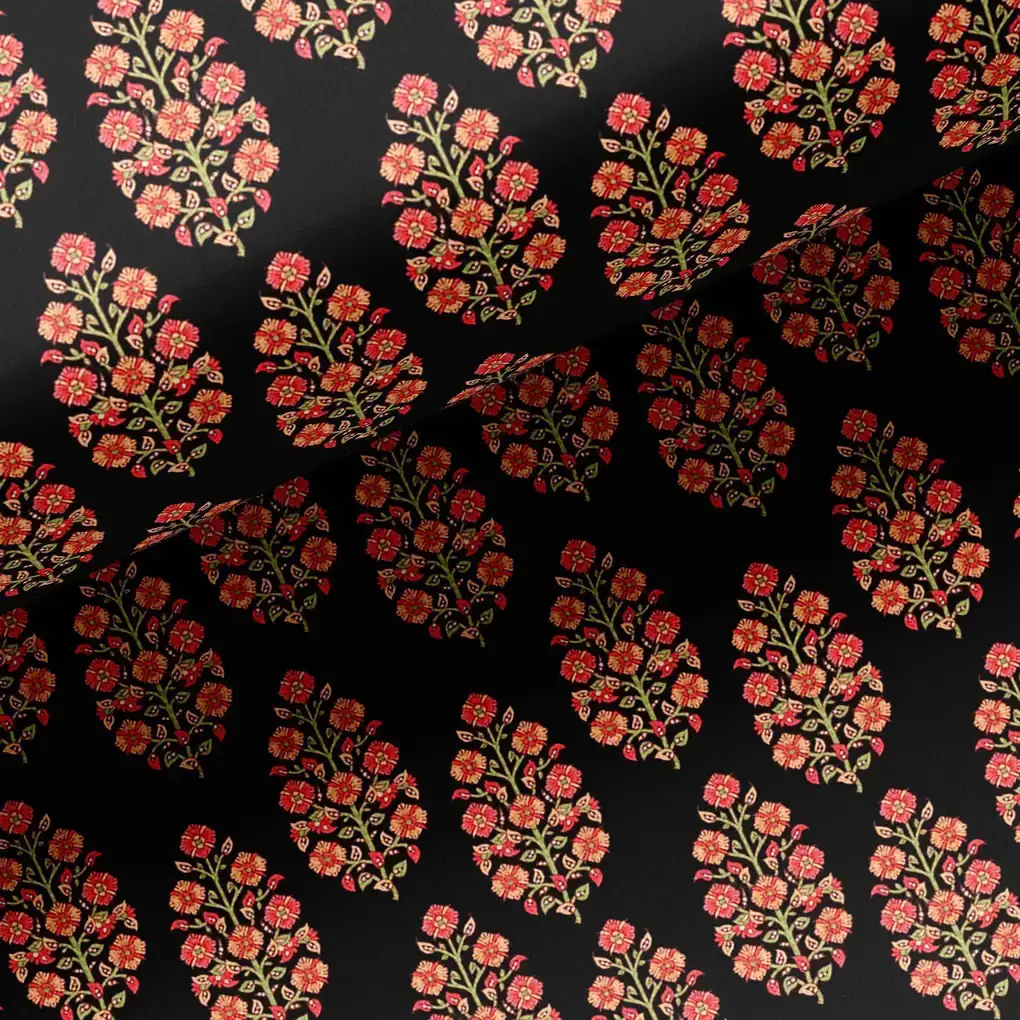 Red Floral Laying Over Black Digital Printed Fabric - Image 2