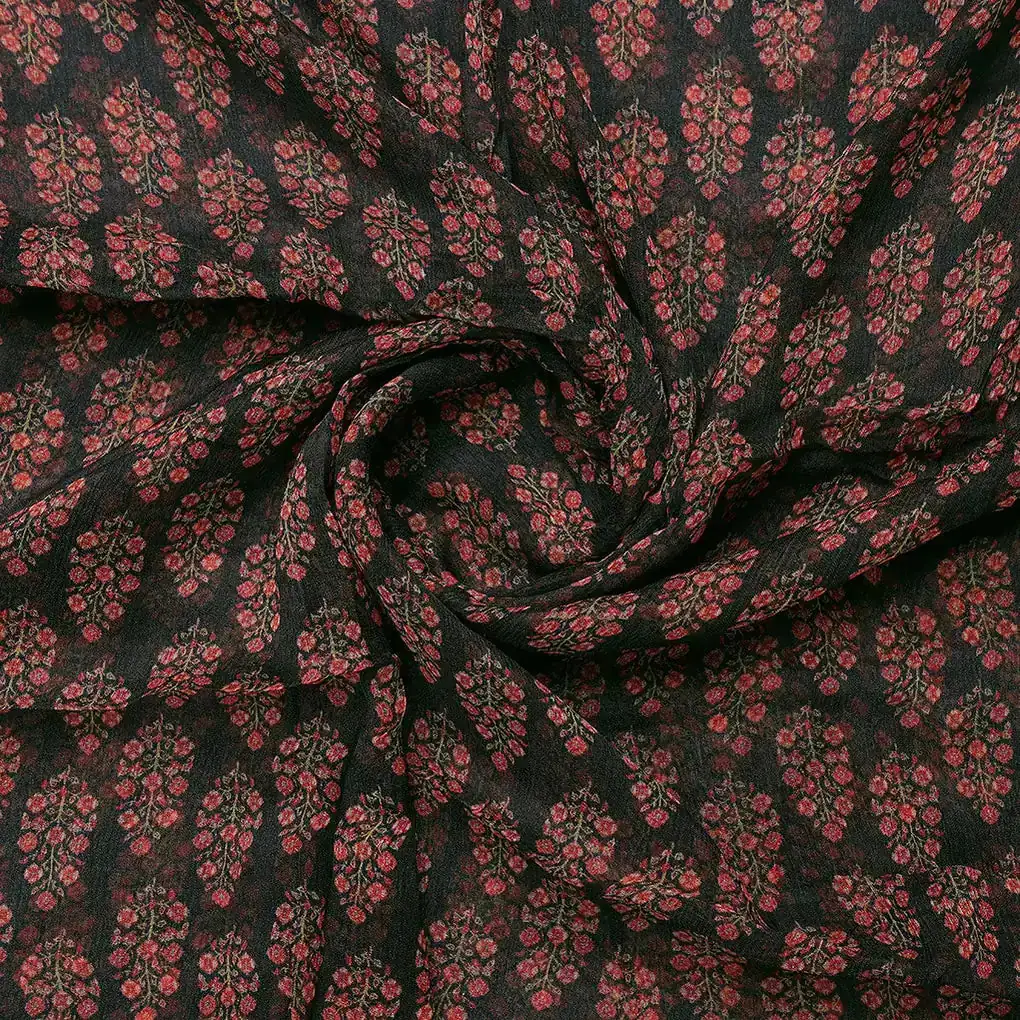 Red Floral Laying Over Black Digital Printed Fabric - Image 2