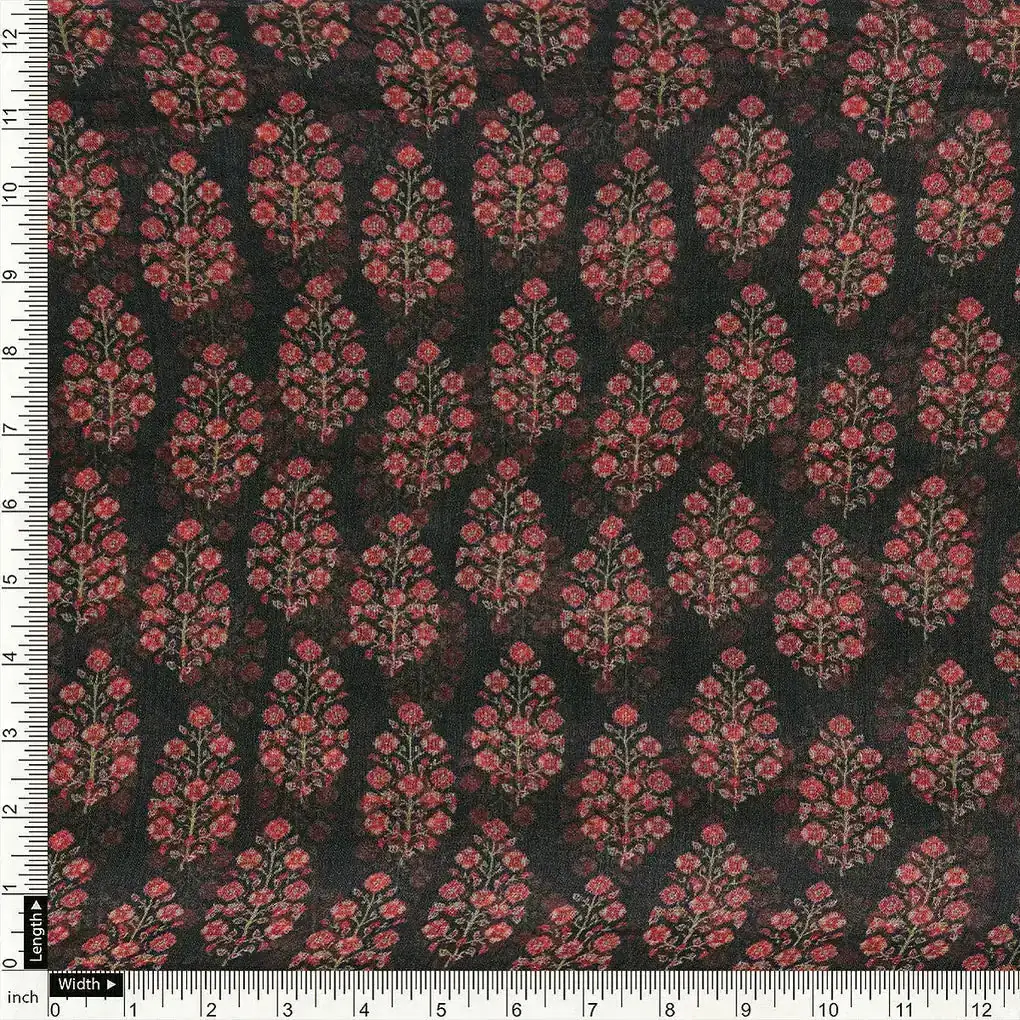 Red Floral Laying Over Black Digital Printed Fabric - Image 4