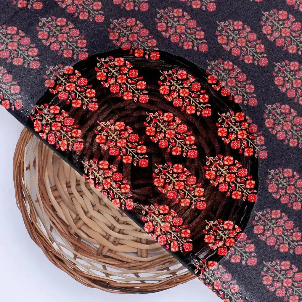 Red Floral Laying Over Black Digital Printed Fabric - Image 2