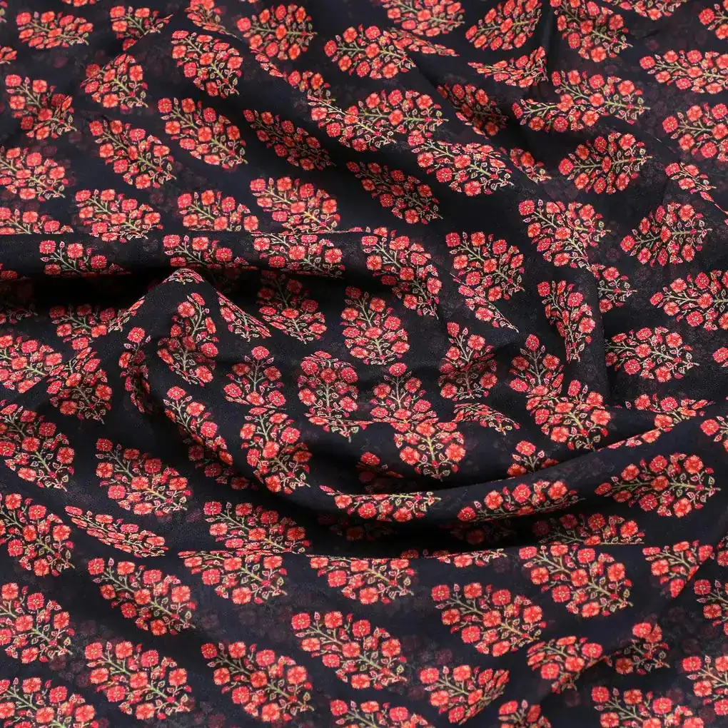 Red Floral Laying Over Black Digital Printed Fabric - Image 3
