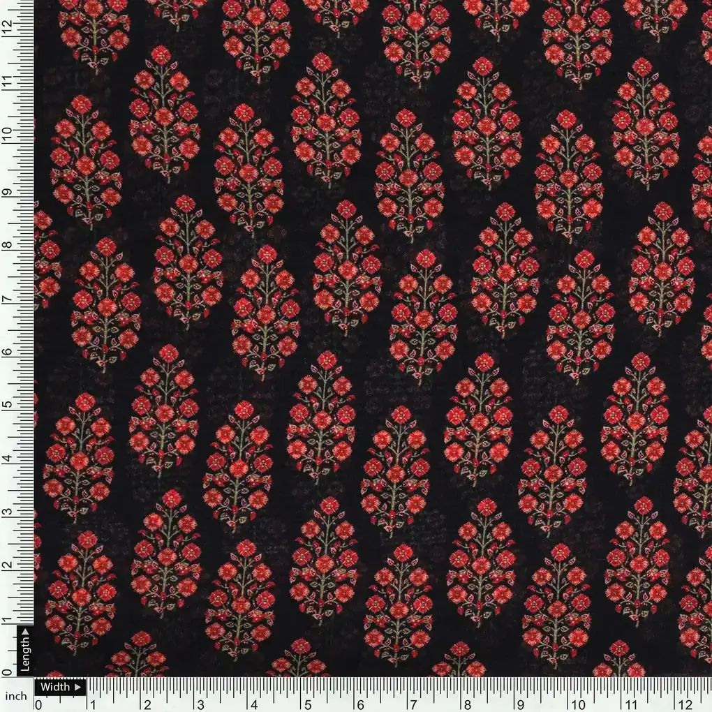 Red Floral Laying Over Black Digital Printed Fabric - Image 4