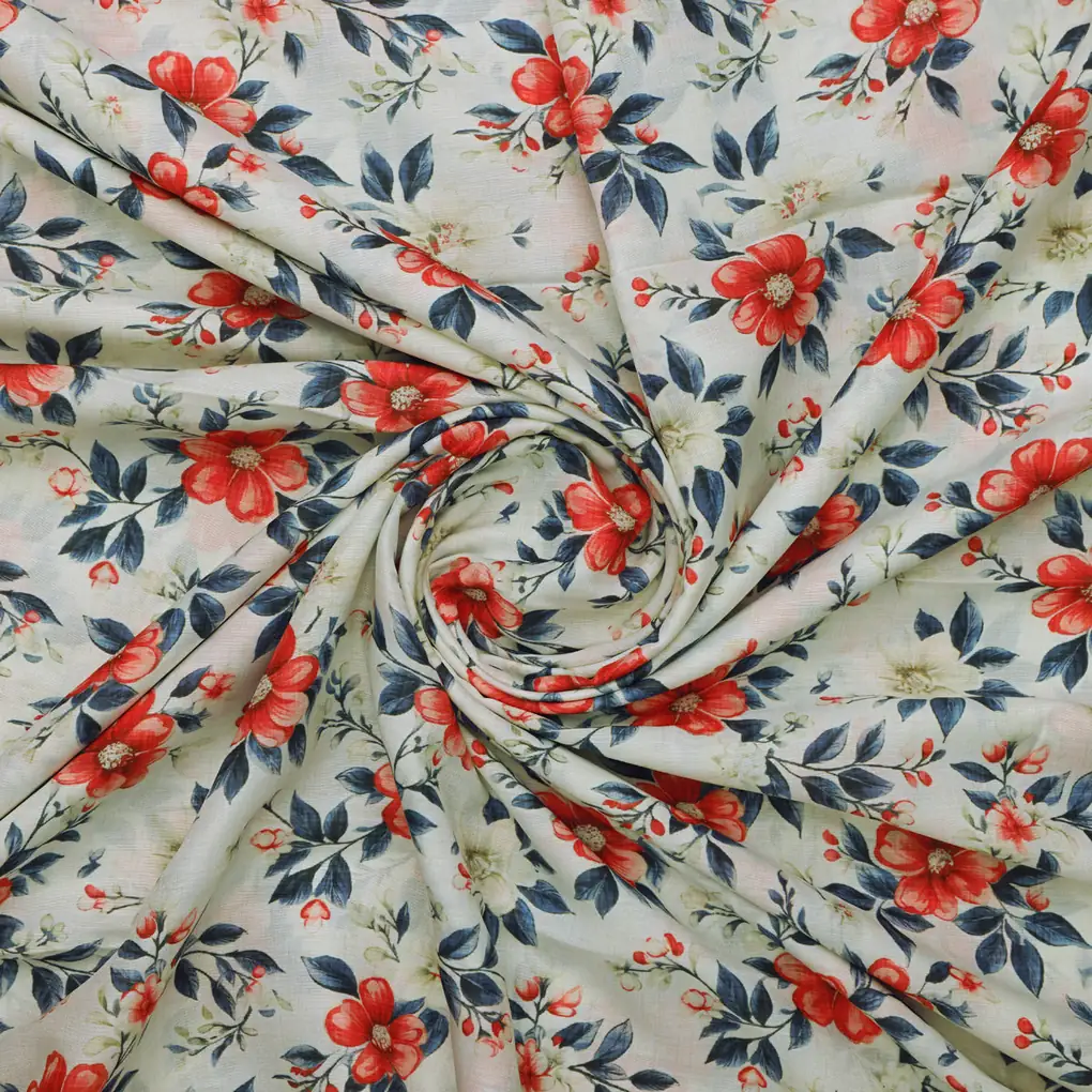 Red Floral Muslin Fabric - Image 3