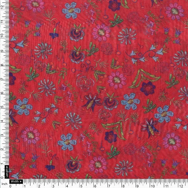 Red Floral Printed Organza Fabric - Image 4