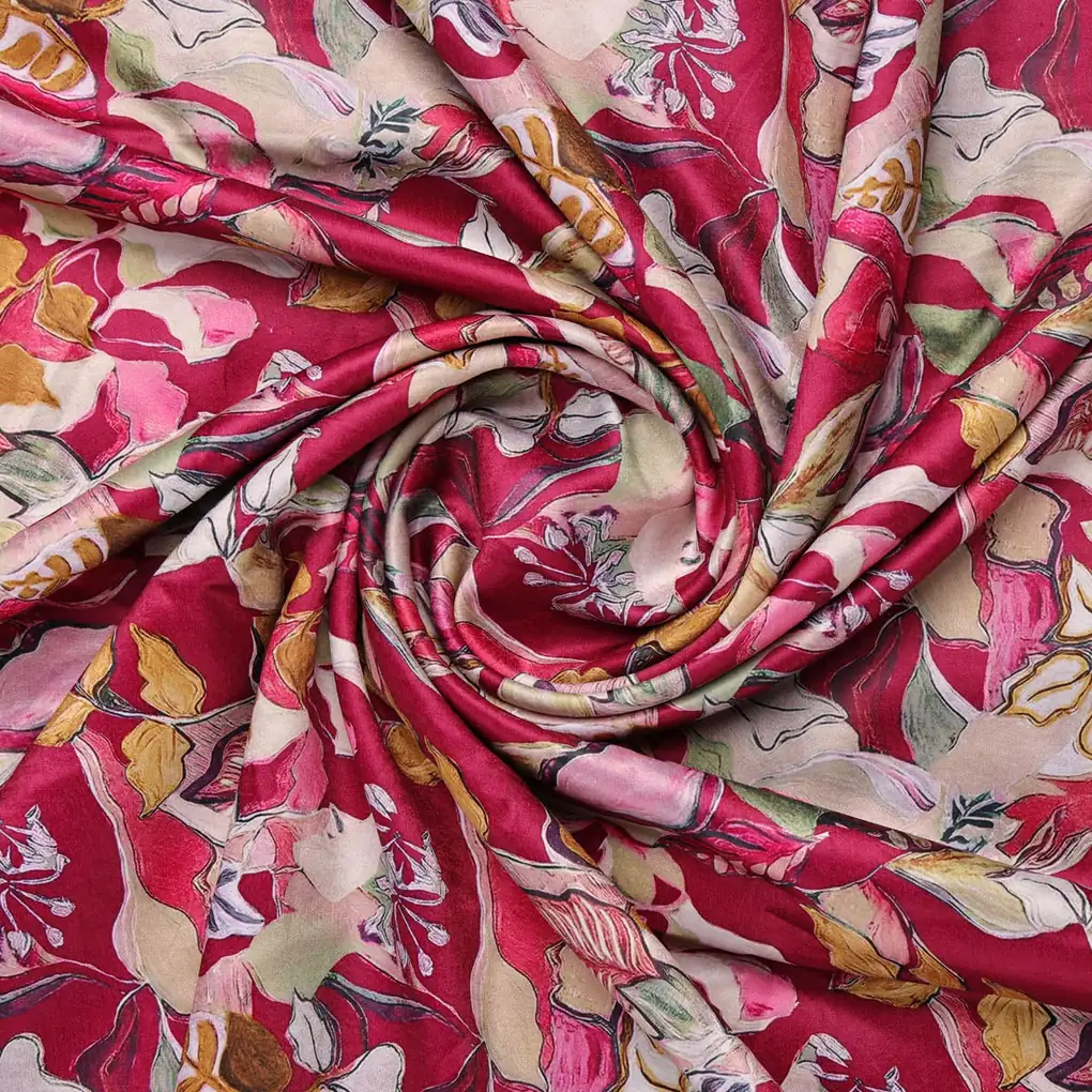 Red Floral Printed Satin Fabric - Image 2
