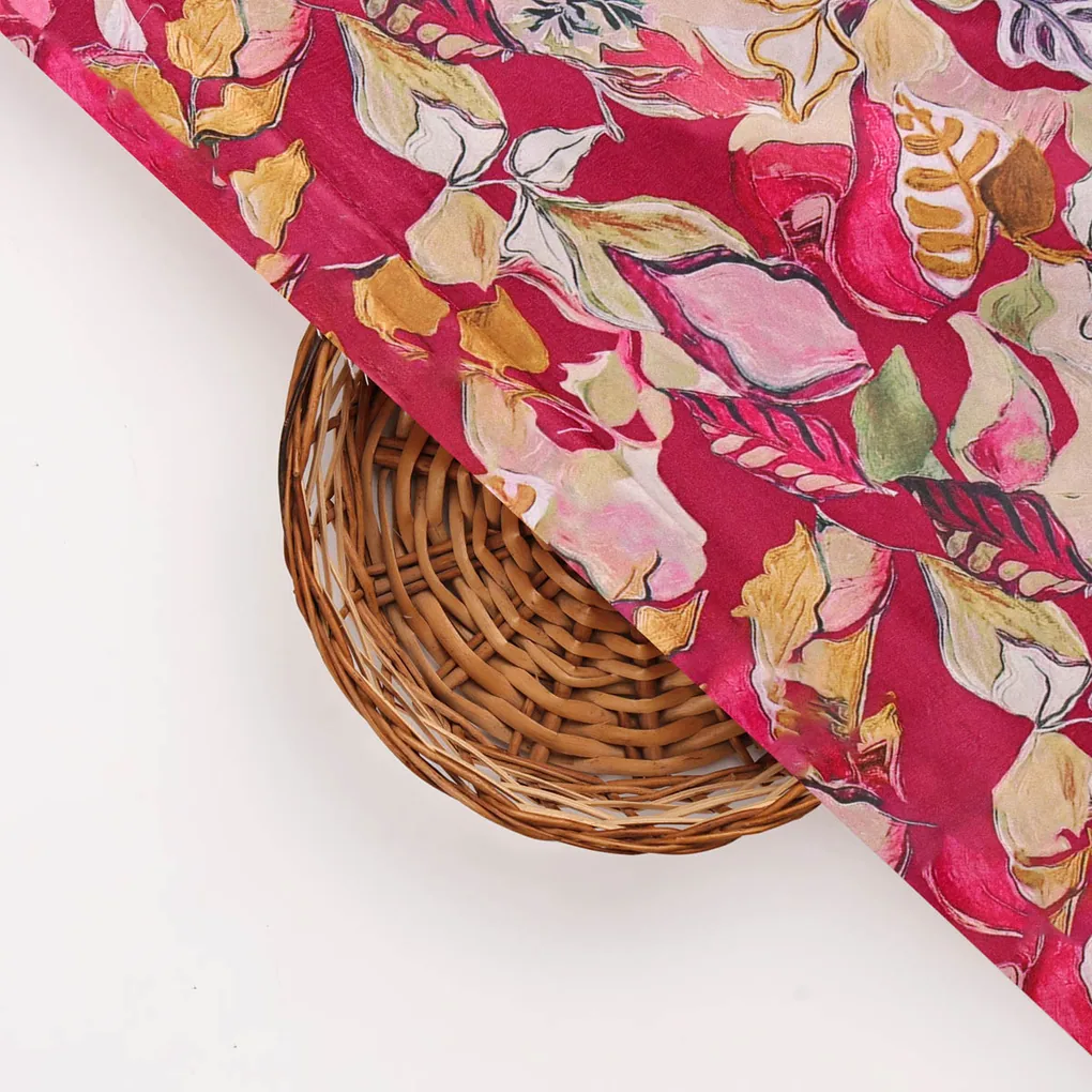 Red Floral Printed Satin Fabric - Image 3