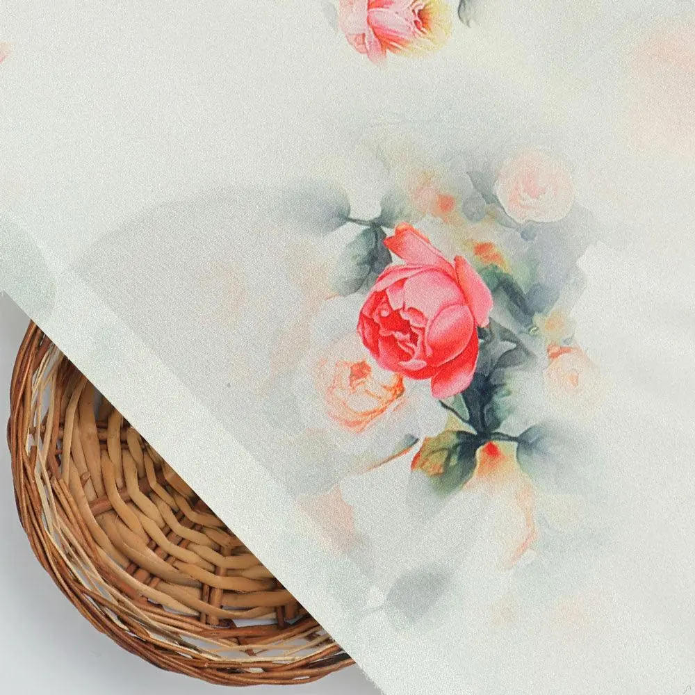 Red Floral Printed Silk Crepe Fabric Material - Image 2